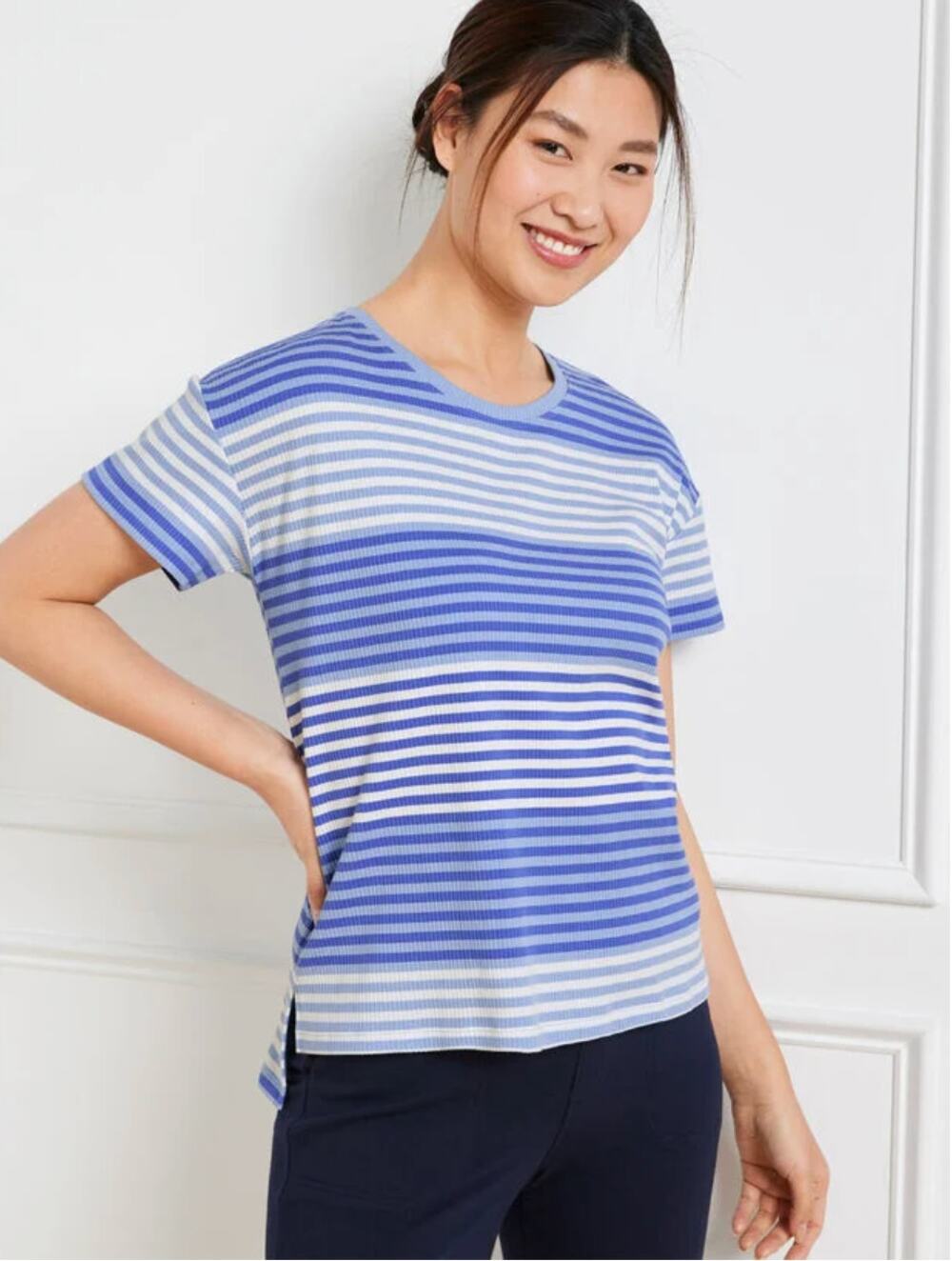 T by TALBOTS Blue Drop Shoulder Boxy Striped Ribbed Tee // Large Petite